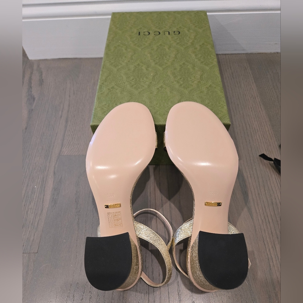 $920 Gucci Marmont GG Metallic Gold Leather Block Heel  Sandals EU 41.5 US 11.5 - Picture 11 of 12